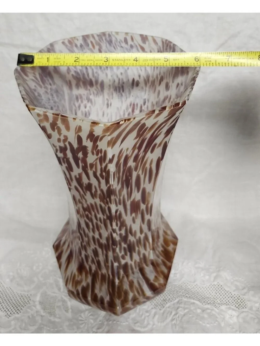 Vintage White Cristal Co Hand Blown Vase Italy Brown Spotted Glass Art Decor 10